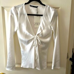Zara Satin White Long Sleeve Top with Tie Detail